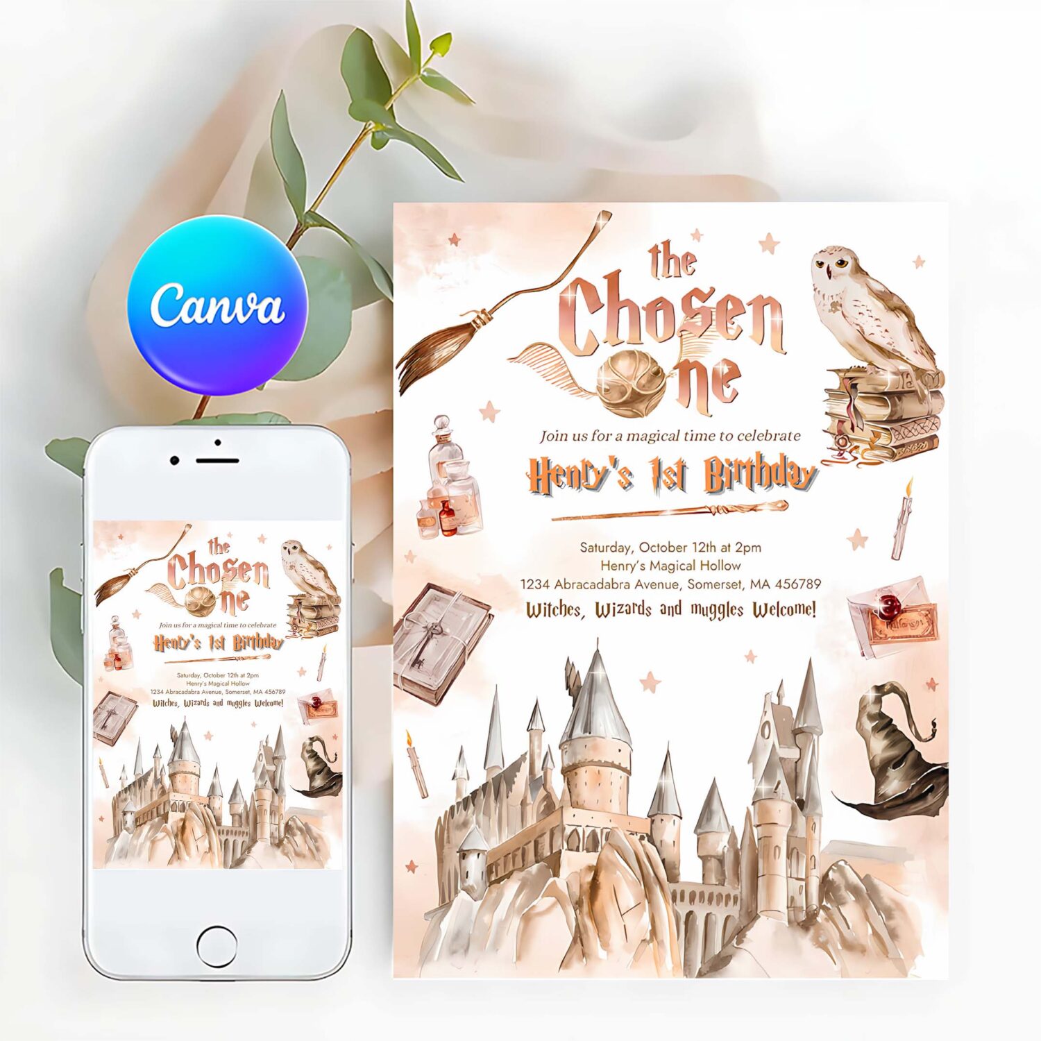 Editable wizard birthday party invitation the chosen one 1st birthday party magic school wizardry birthday party