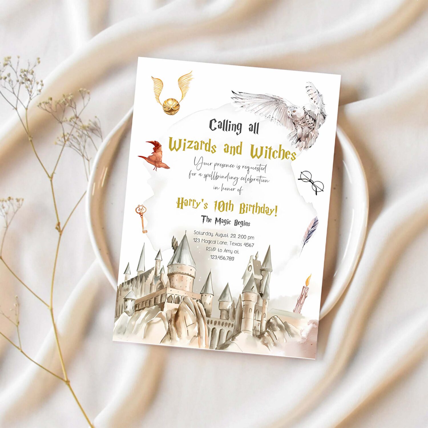 Editable wizards witches birthday invitation magical birthday invite castle wizardry party download printable template digital corjl 0440 1