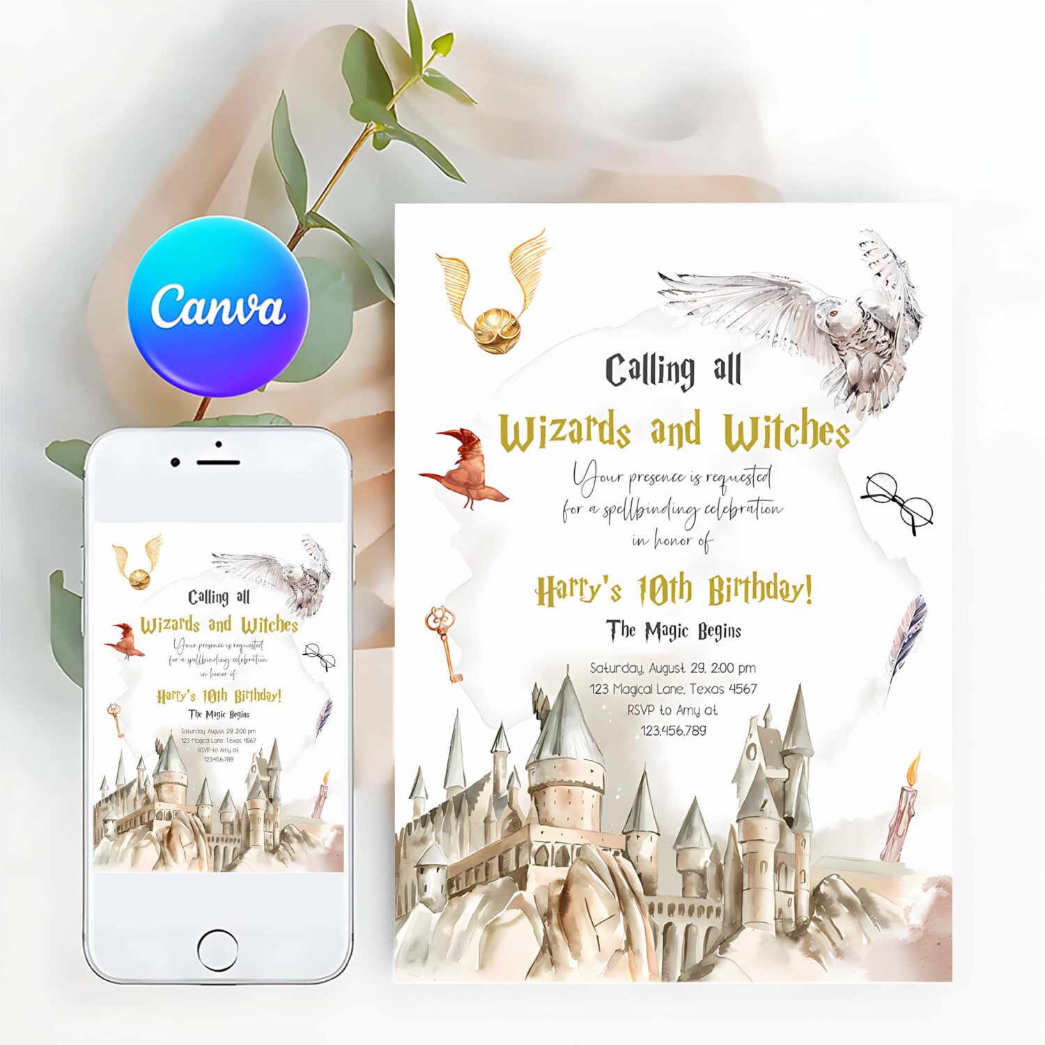 Editable wizards witches birthday invitation magical birthday invite castle wizardry party download printable template digital corjl 0440
