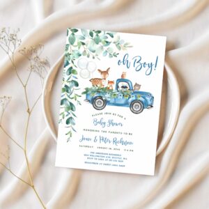 Editable woodland blue truck baby shower invitation boy blue pickup truck greenery woodland animal bear invite 1