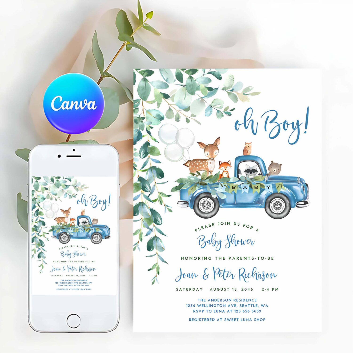 Editable woodland blue truck baby shower invitation boy blue pickup truck greenery woodland animal bear invite
