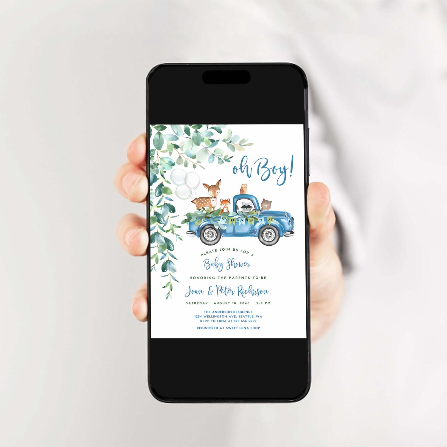Editable woodland blue truck baby shower invitation boy blue pickup truck greenery woodland animal bear invite 2