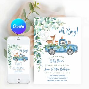 Woodland Invitation, Woodland Blue Truck Baby Shower Invitation