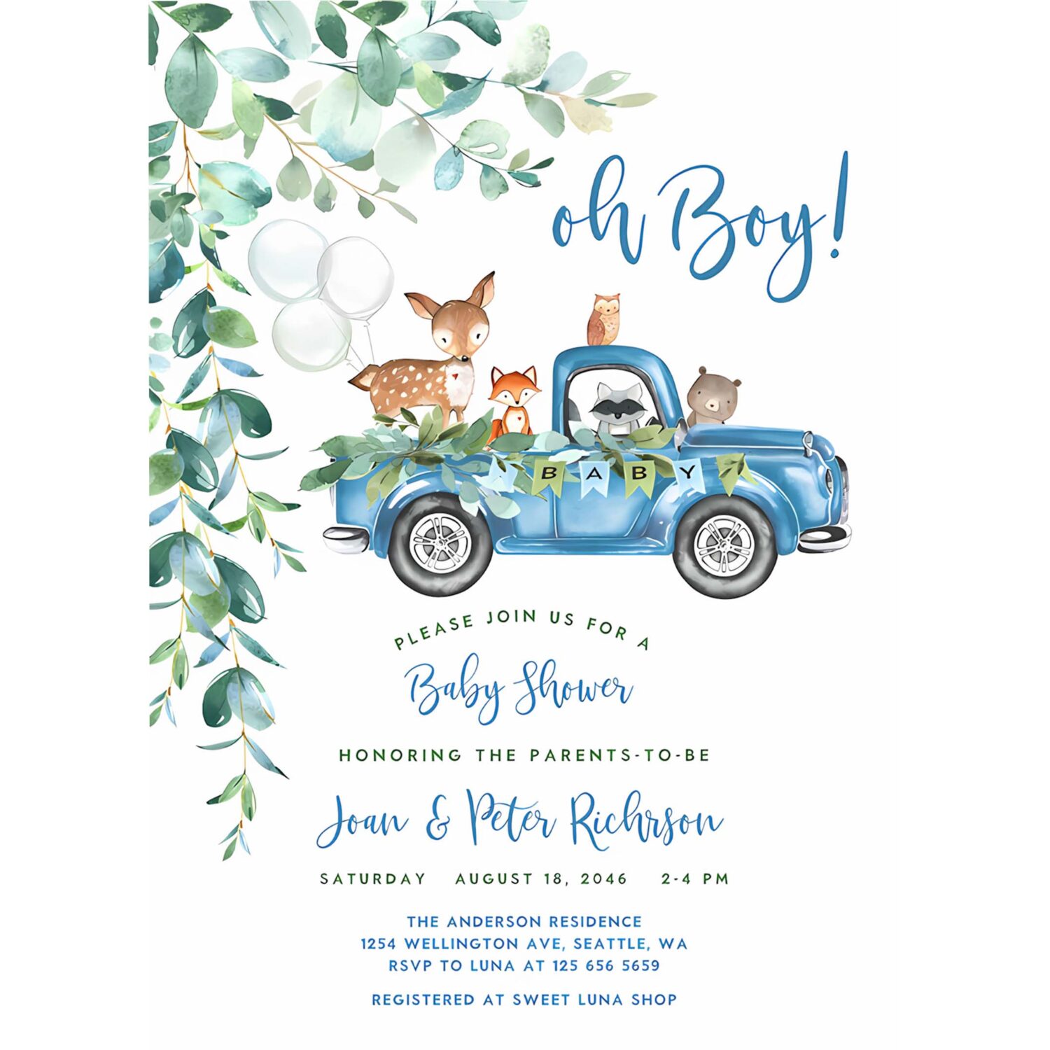 Editable woodland blue truck baby shower invitation boy blue pickup truck greenery woodland animal bear invite 4