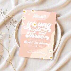 Editable young wild and three 3rd birthday invitation boho daisy wild three groovy hippie floral 70s hippie party 1
