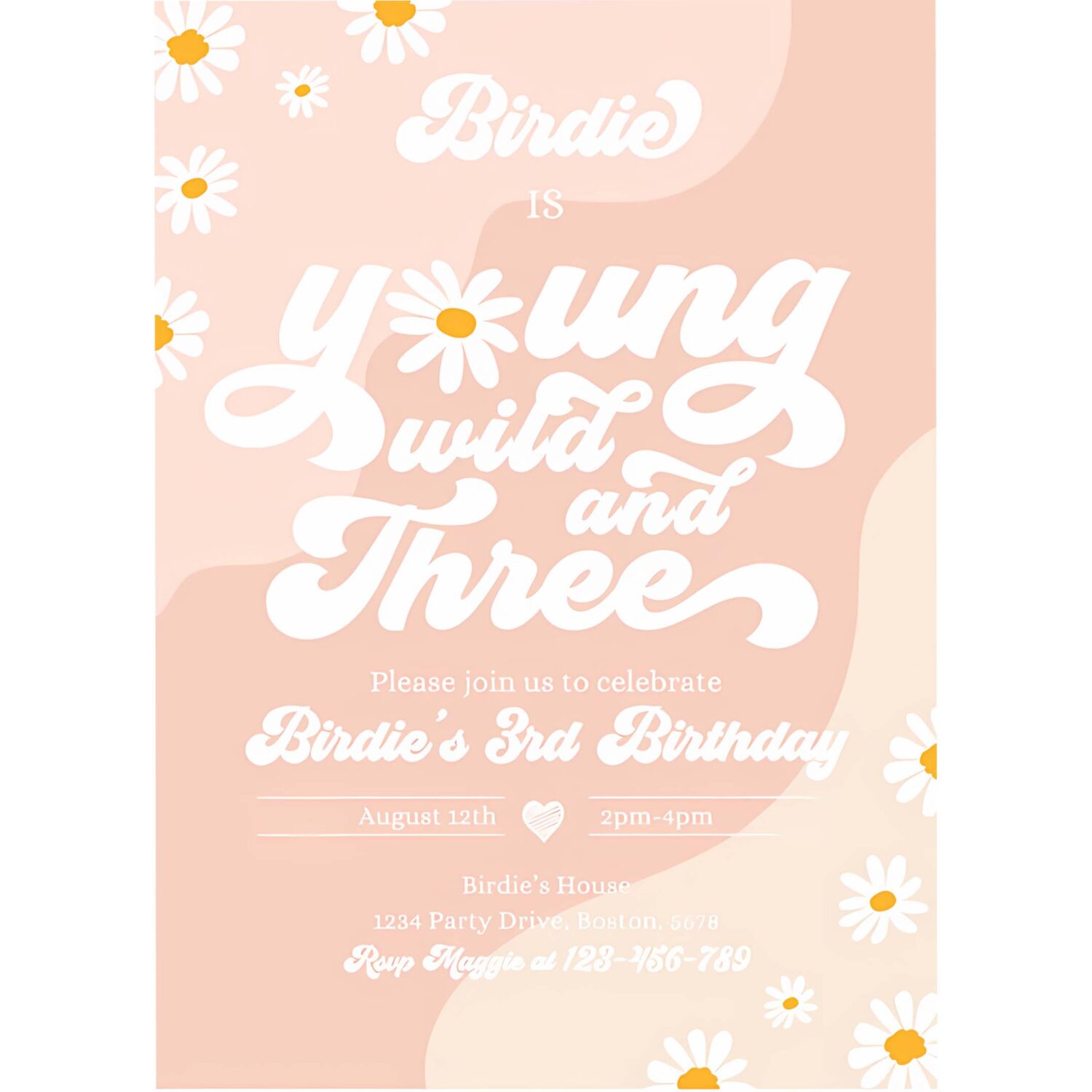 Editable young wild and three 3rd birthday invitation boho daisy wild three groovy hippie floral 70s hippie party 4
