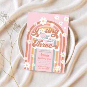 Editable young wild and three 3rd birthday party invitation peace love groovy rainbow party hippie 70s birthday 1