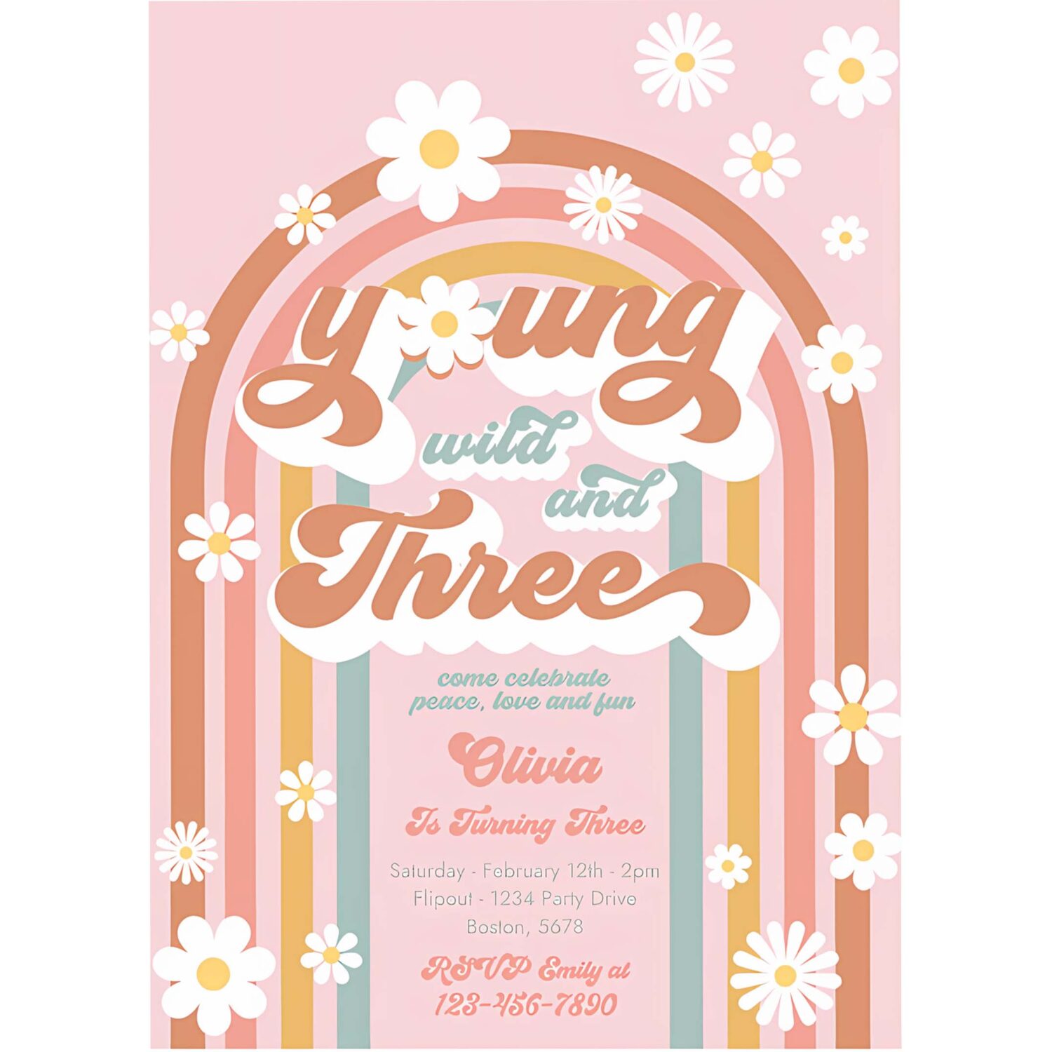 Editable young wild and three 3rd birthday party invitation peace love groovy rainbow party hippie 70s birthday 4