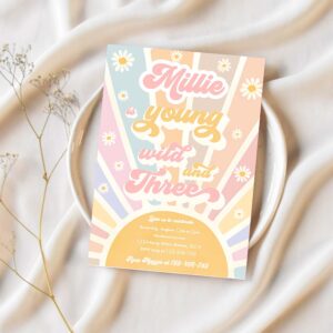 Editable young wild and three birthday invitation retro sunshine 3rd birthday daisy hippie rainbow sunshine birthday 1