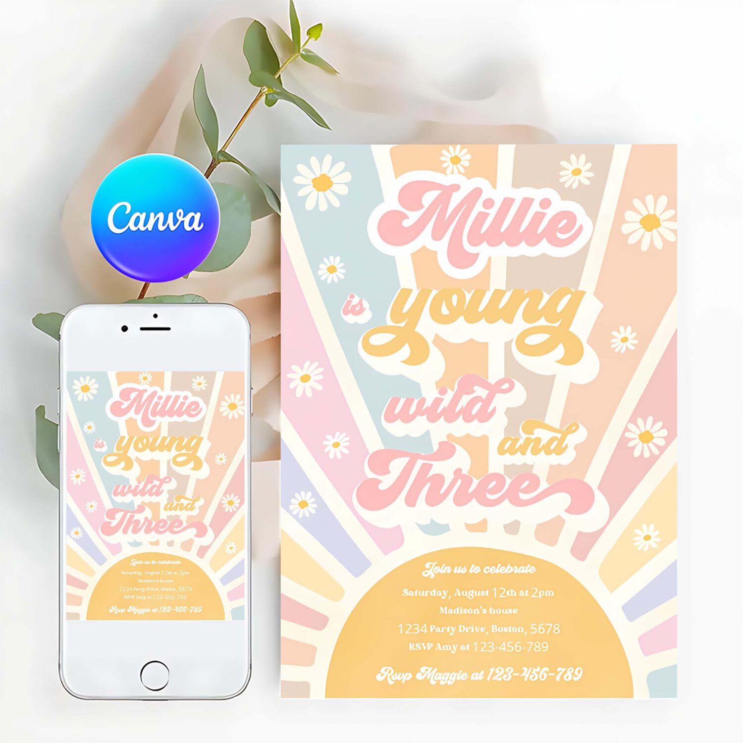 Editable young wild and three birthday invitation retro sunshine 3rd birthday daisy hippie rainbow sunshine birthday