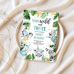 Editable young wild and three birthday invitation safari animals wild 3rd birthday party gold monochrome jungle party 1