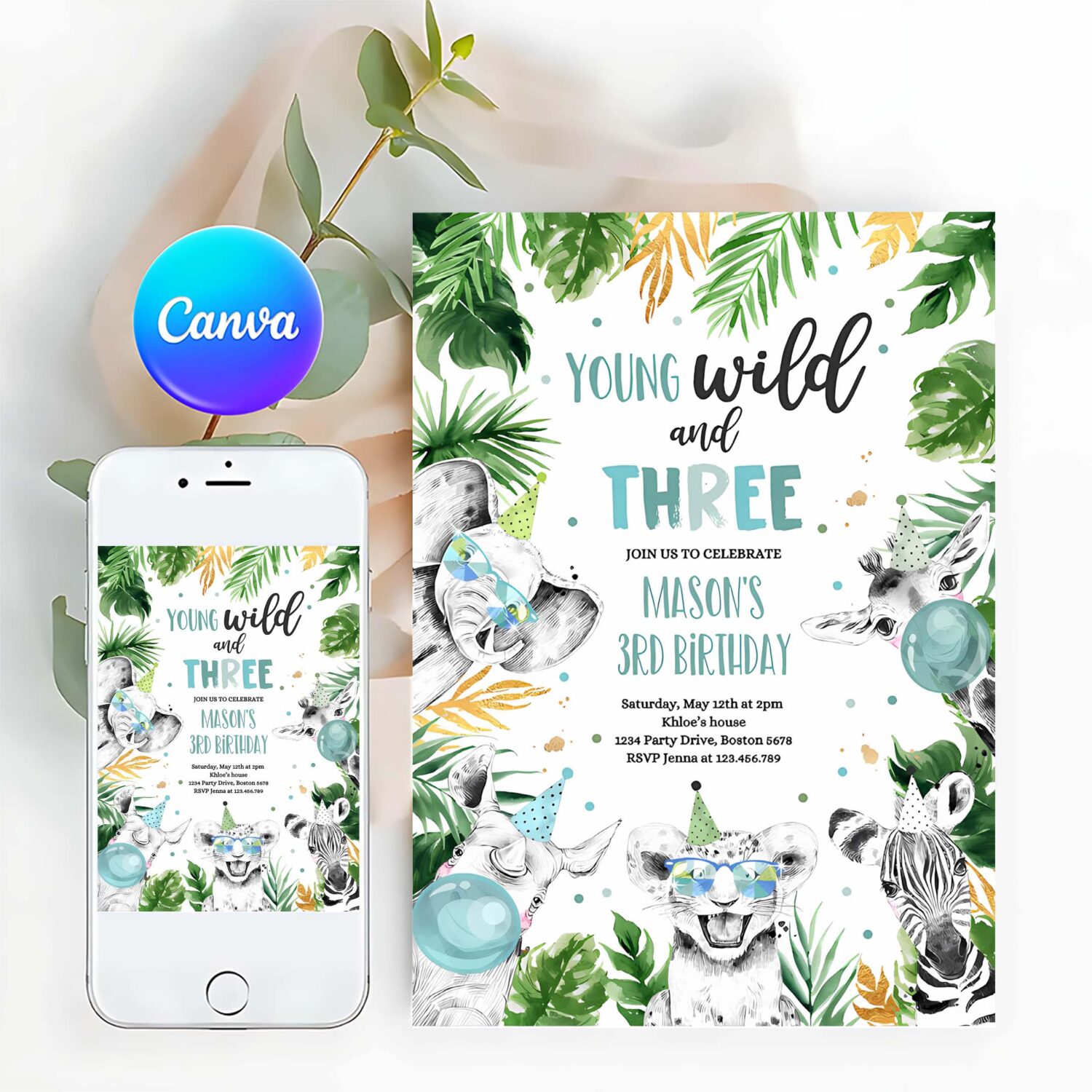 Editable young wild and three birthday invitation safari animals wild 3rd birthday party gold monochrome jungle party
