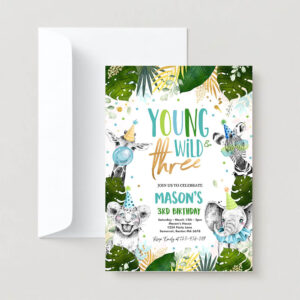 Editable young wild and three birthday invite safari animals wild 3rd birthday party gold monochrome jungle party 2