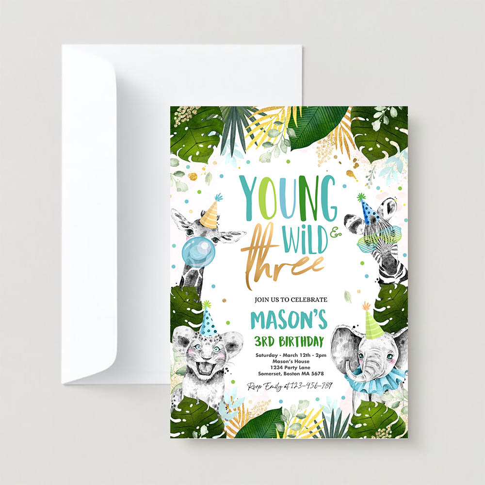 Editable Young Wild And Three Birthday Invite Safari Animals Wild 3rd Birthday Party Gold Monochrome Jungle Party