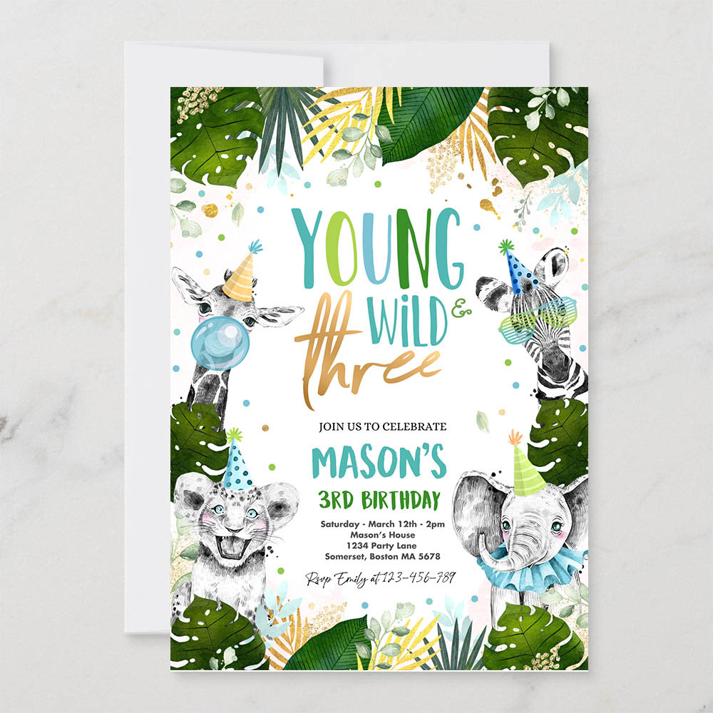Editable Young Wild And Three Birthday Invite Safari Animals Wild 3rd Birthday Party Gold Monochrome Jungle Party