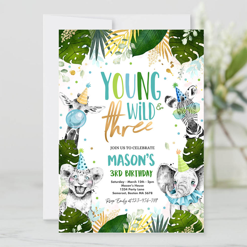 Editable Young Wild And Three Birthday Invite Safari Animals Wild 3rd Birthday Party Gold Monochrome Jungle Party