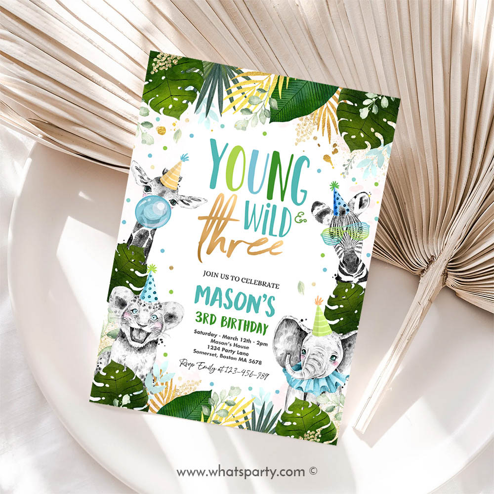 Editable Young Wild And Three Birthday Invite Safari Animals Wild 3rd Birthday Party Gold Monochrome Jungle Party