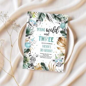 Editable young wild and three birthday party invitation safari animals wild 3rd birthday party gold monochrome jungle party 1