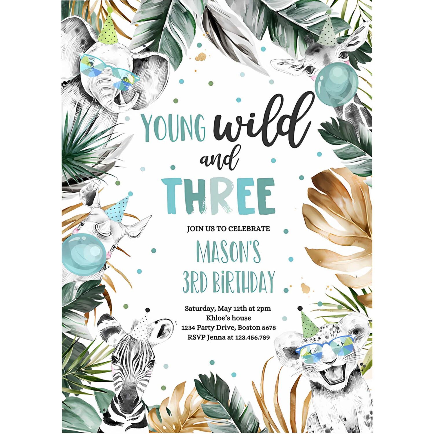 Editable young wild and three birthday party invitation safari animals wild 3rd birthday party gold monochrome jungle party 4