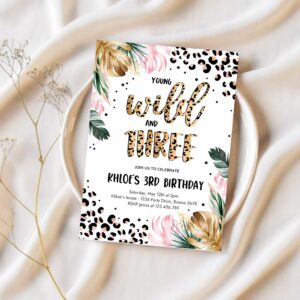 Editable young wild and three leopard print jungle birthday party invitation leopard print wild and three birthday party 1
