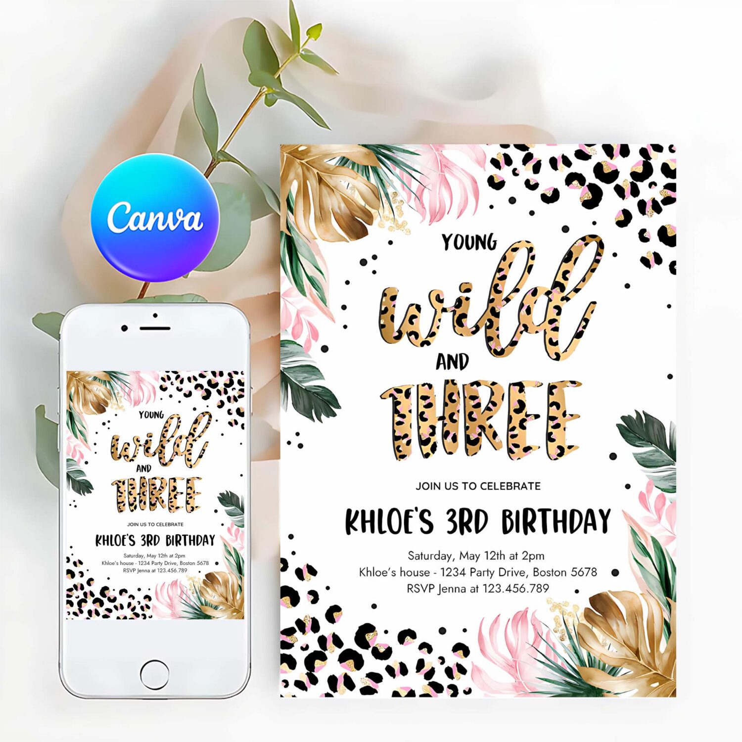 Editable young wild and three leopard print jungle birthday party invitation leopard print wild and three birthday party