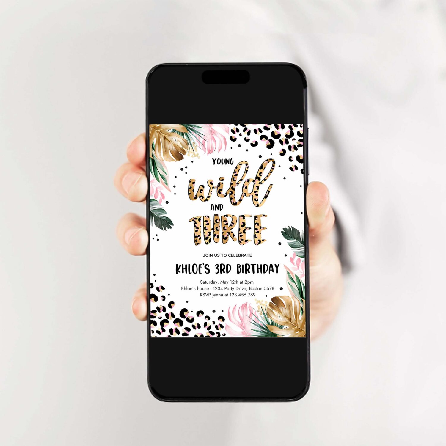 Editable young wild and three leopard print jungle birthday party invitation leopard print wild and three birthday party 2