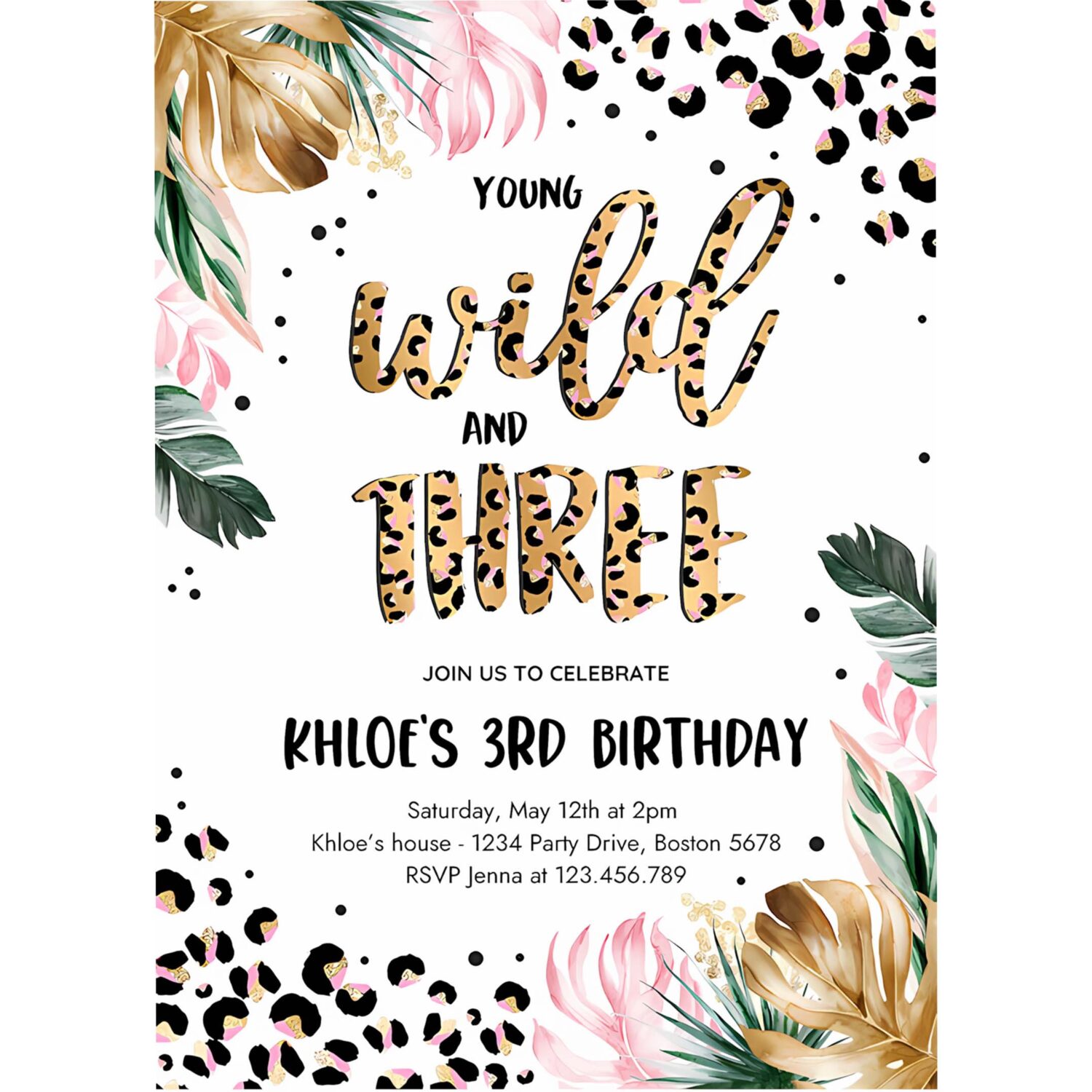 Editable young wild and three leopard print jungle birthday party invitation leopard print wild and three birthday party 4