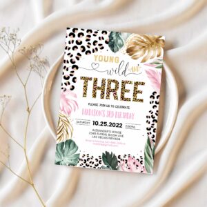 Editable young wild and three leopard print jungle birthday party invitation leopard print wild and three birthday party template 1