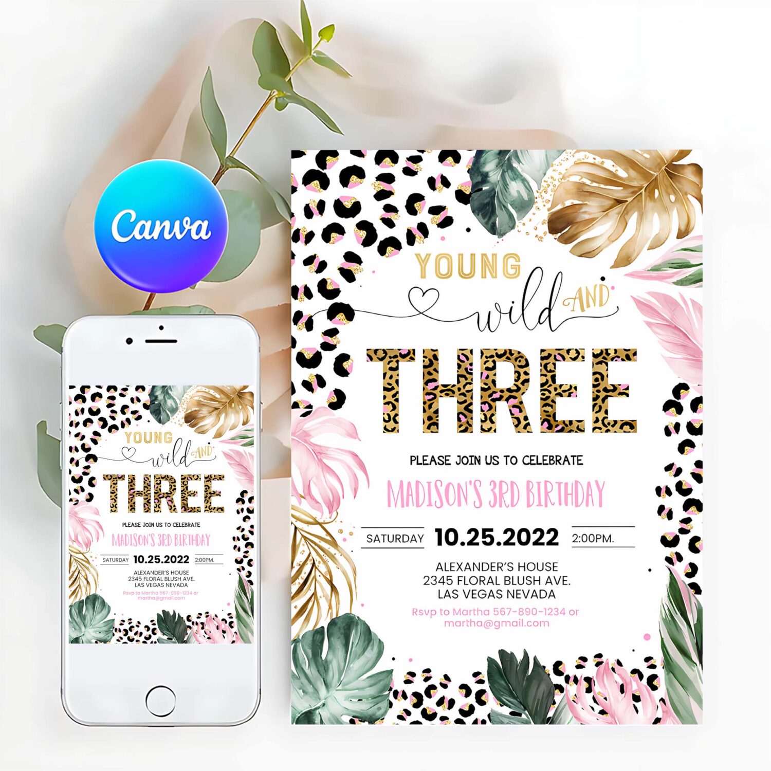 Editable young wild and three leopard print jungle birthday party invitation leopard print wild and three birthday party template