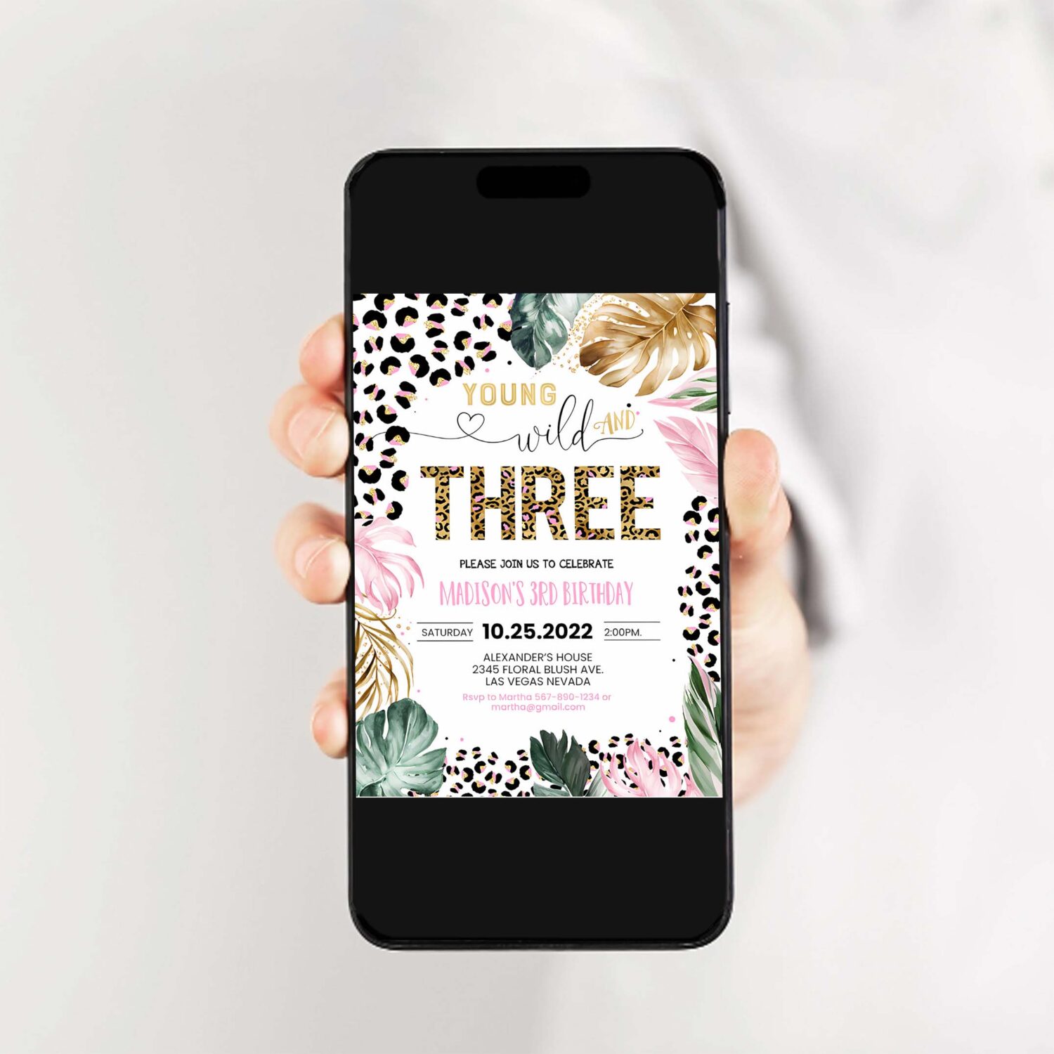 Editable young wild and three leopard print jungle birthday party invitation leopard print wild and three birthday party template 2