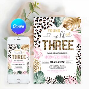 Young Wild And Three Invitation, Young Wild And Three Leopard Print Jungle Birthday Party Invitation, Leopard Invitation