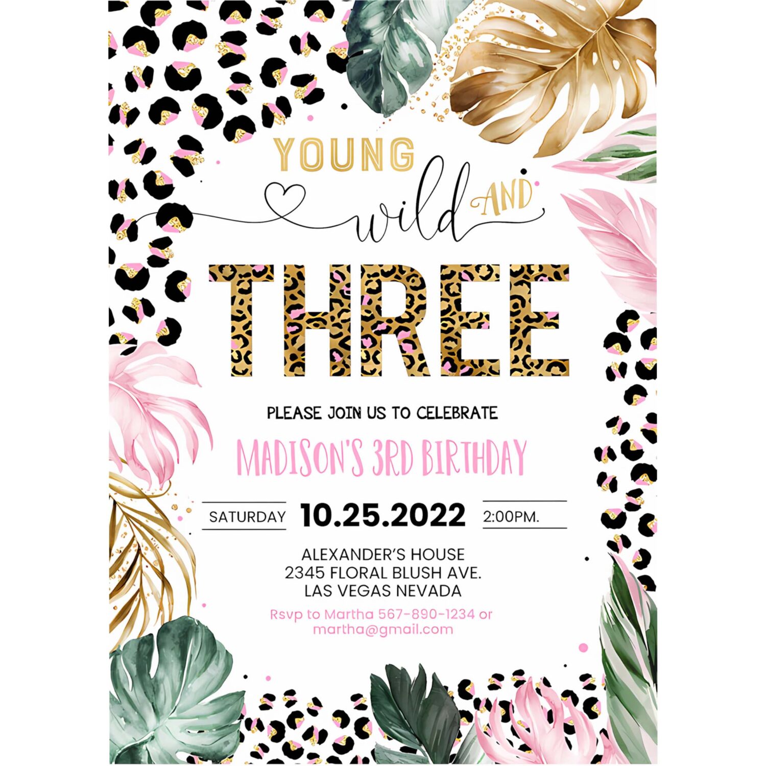 Editable young wild and three leopard print jungle birthday party invitation leopard print wild and three birthday party template 4