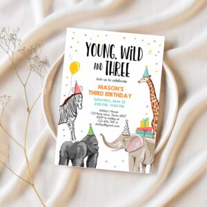 Editable young wild and three birthday invitation animals invite party jungle safari boy 3rd three download printable template corjl 0142 1