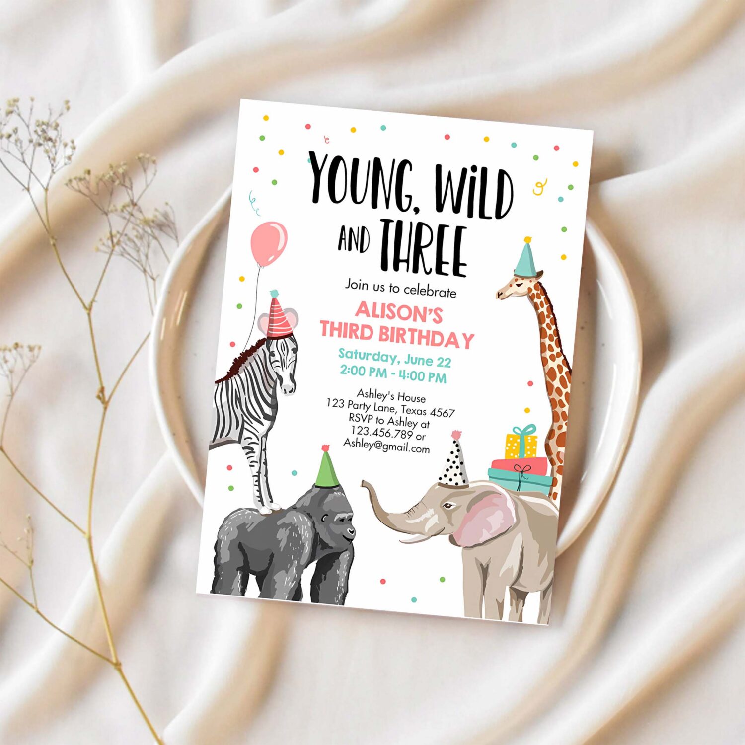 Editable young wild and three birthday invitation animals invite party jungle safari pink girl download printable template corjl 0142 1