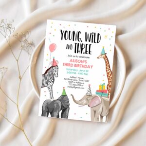 Editable young wild and three birthday invitation animals invite party jungle safari pink girl download printable template corjl 0142 1
