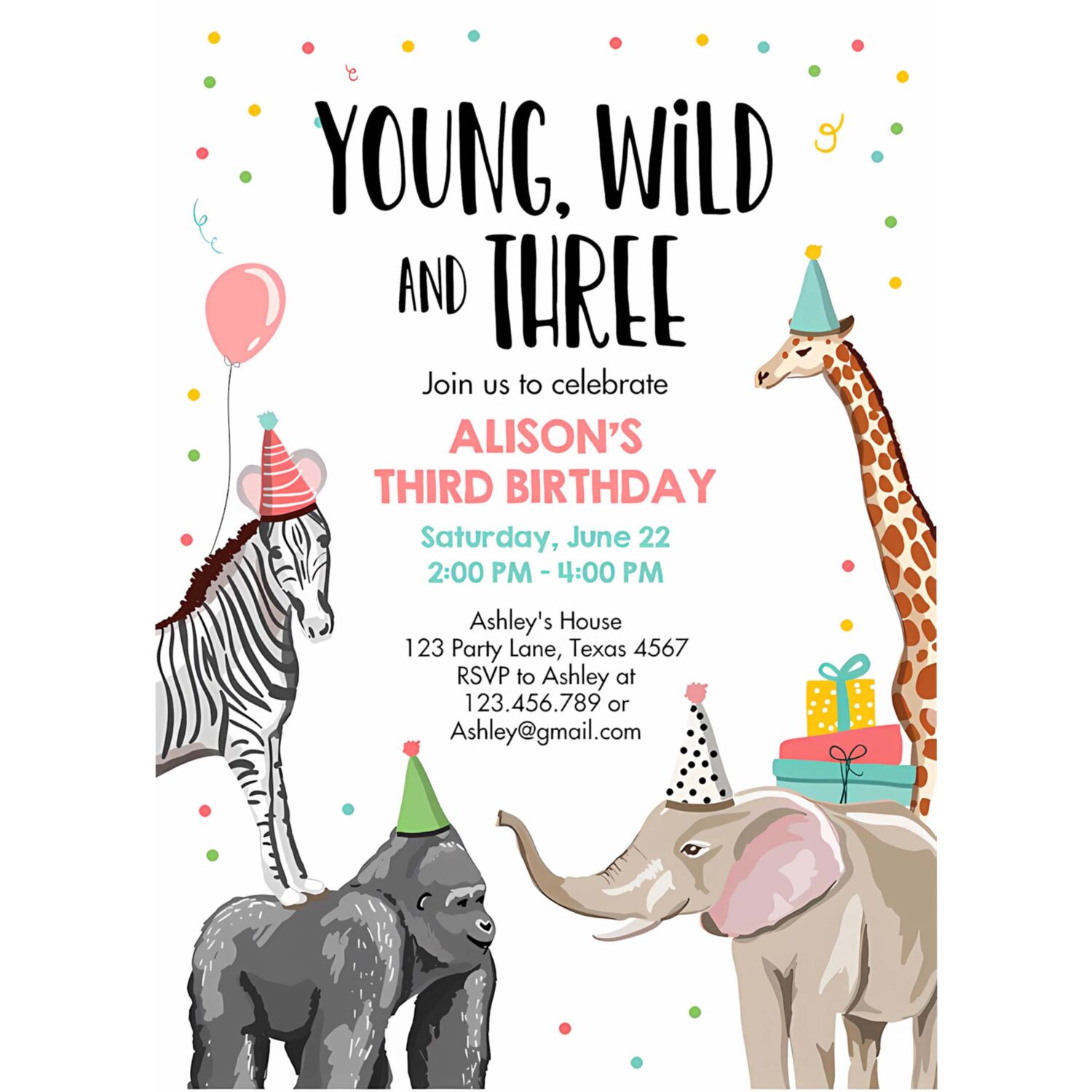 Editable young wild and three birthday invitation animals invite party jungle safari pink girl download printable template corjl 0142 4