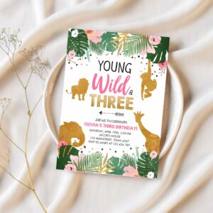 Editable young wild and three birthday invitation animals invite party jungle safari pink gold download printable template corjl 0016 1