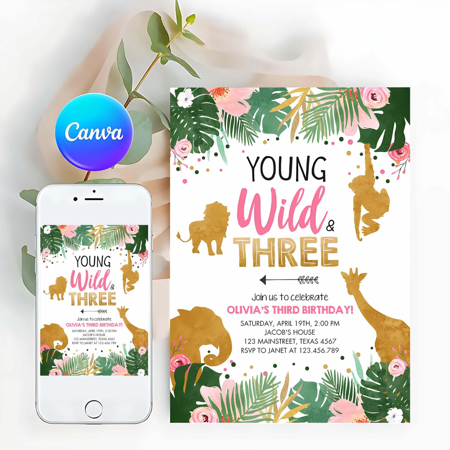 Editable young wild and three birthday invitation animals invite party jungle safari pink gold download printable template corjl 0016