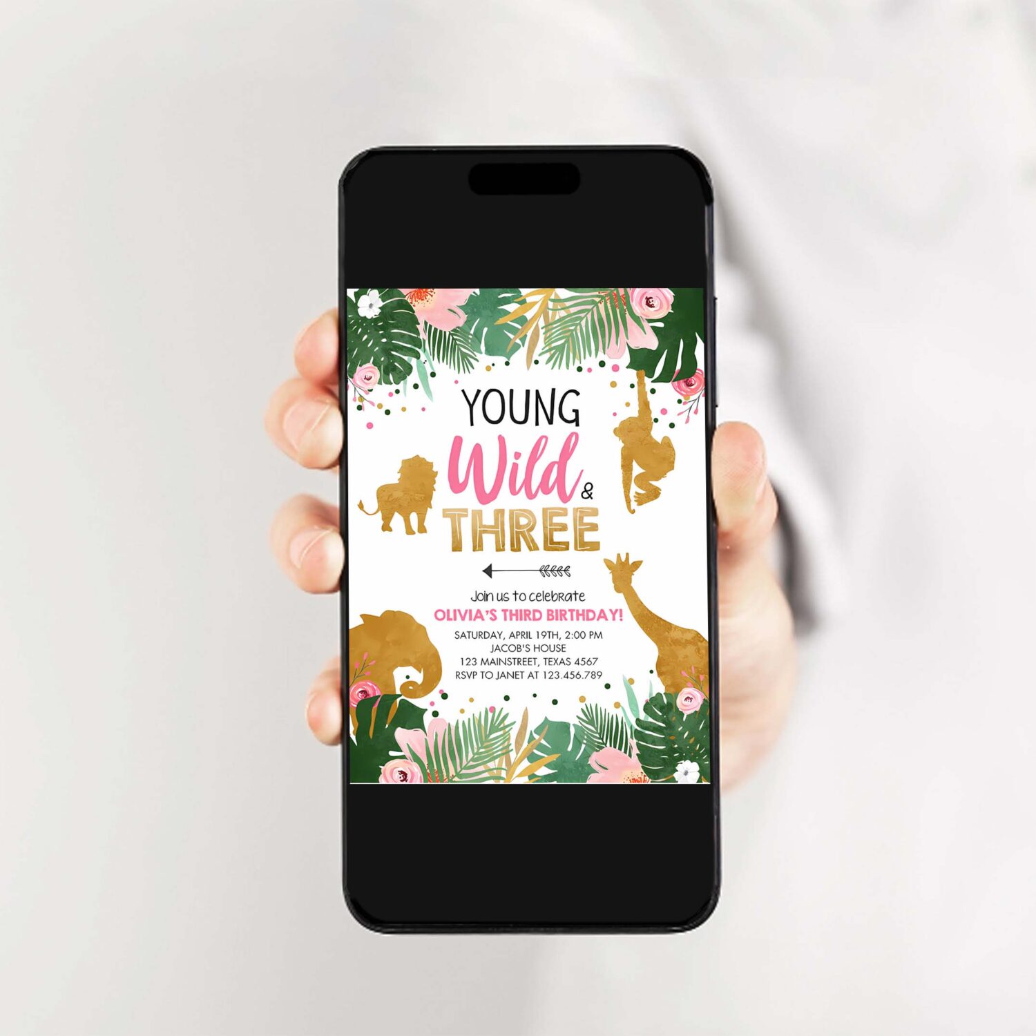 Editable young wild and three birthday invitation animals invite party jungle safari pink gold download printable template corjl 0016 2