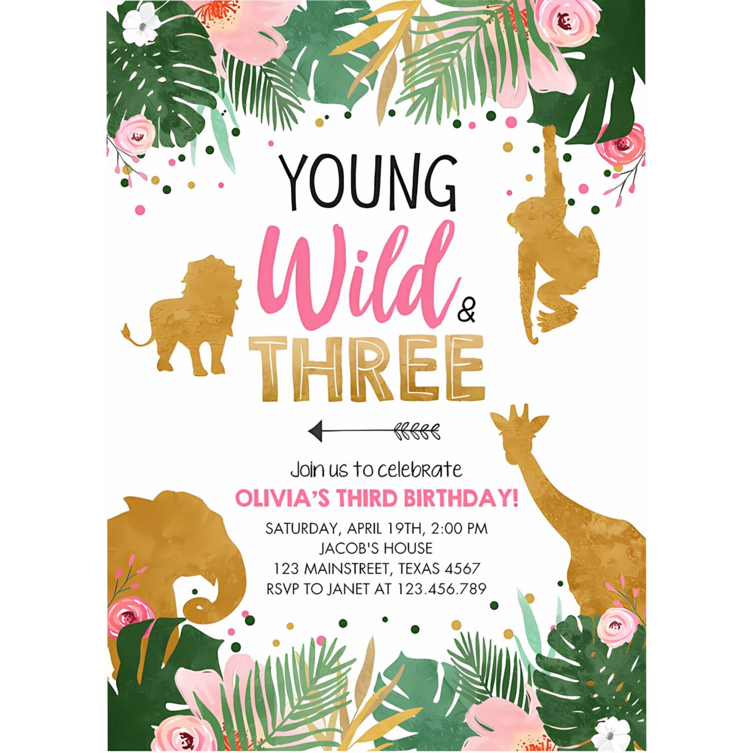 Editable young wild and three birthday invitation animals invite party jungle safari pink gold download printable template corjl 0016 4