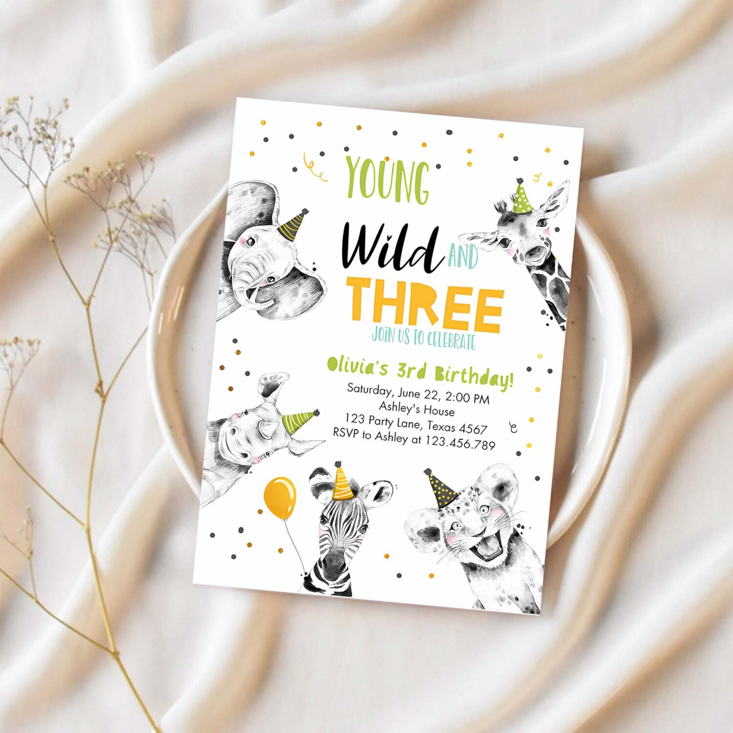 Editable young wild and three birthday invitation boy green gold third 3rd safari animals download printable template digital corjl 0390 1