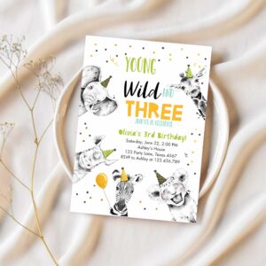 Editable young wild and three birthday invitation boy green gold third 3rd safari animals download printable template digital corjl 0390 1