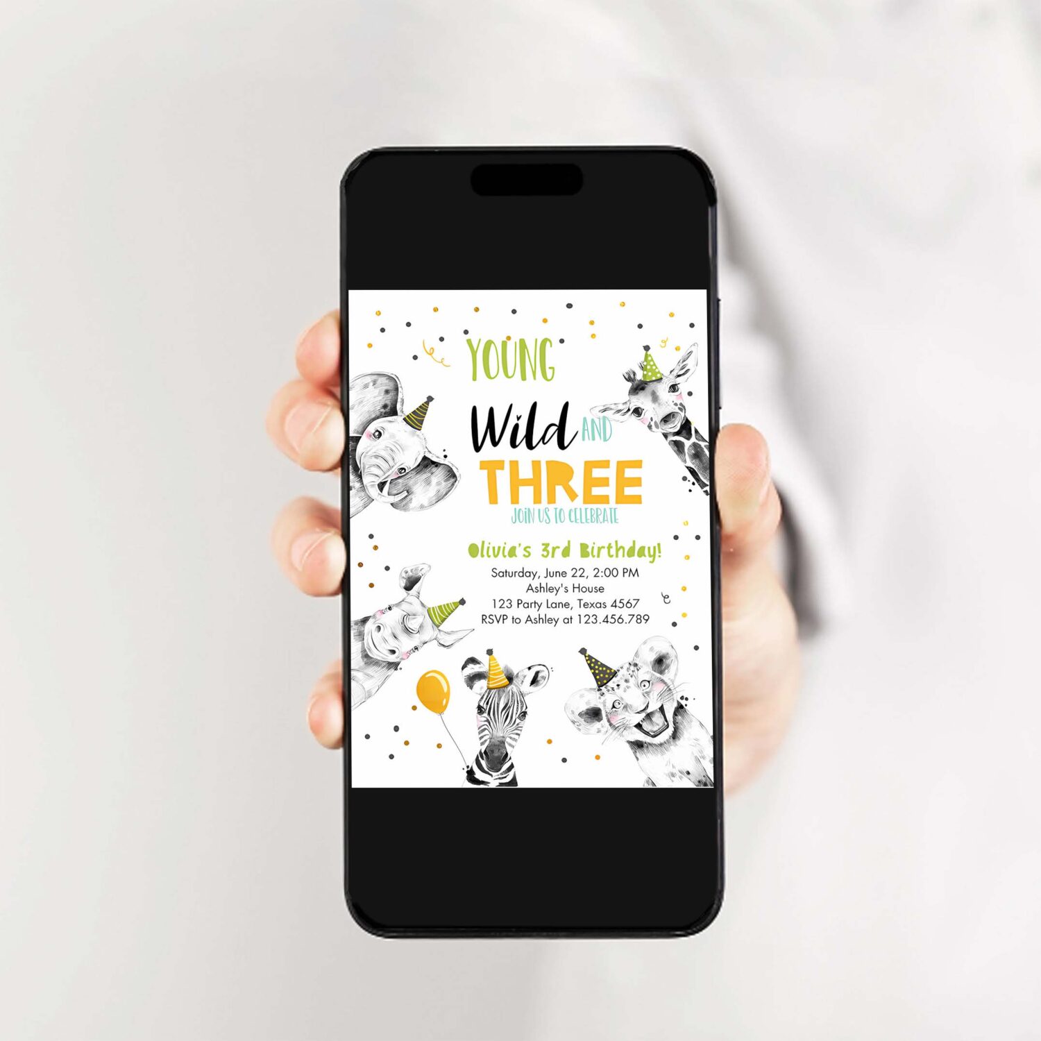 Editable young wild and three birthday invitation boy green gold third 3rd safari animals download printable template digital corjl 0390 2