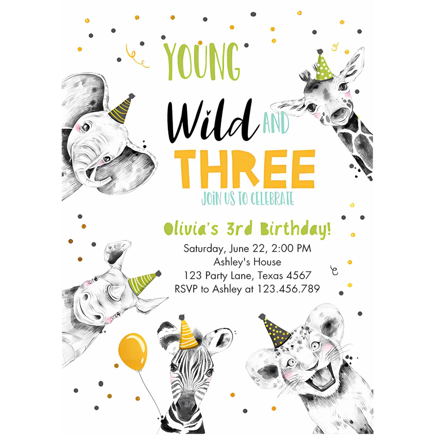 Editable young wild and three birthday invitation boy green gold third 3rd safari animals download printable template digital corjl 0390 4