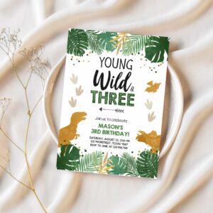 Editable young wild and three birthday invitation dinosaur dino party boy 3rd third birthday green gold black corjl template printable 0146 1