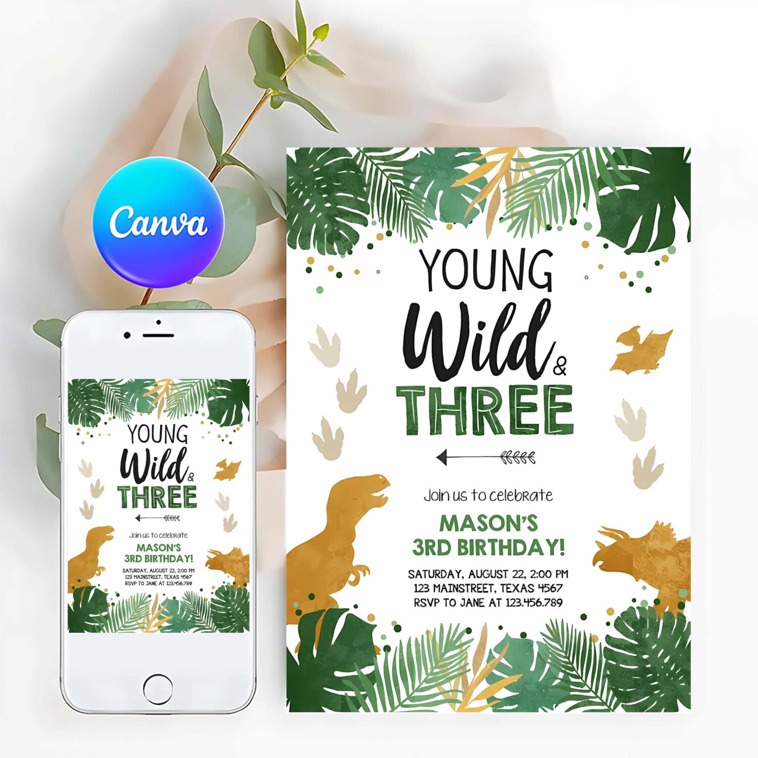 Editable young wild and three birthday invitation dinosaur dino party boy 3rd third birthday green gold black corjl template printable 0146