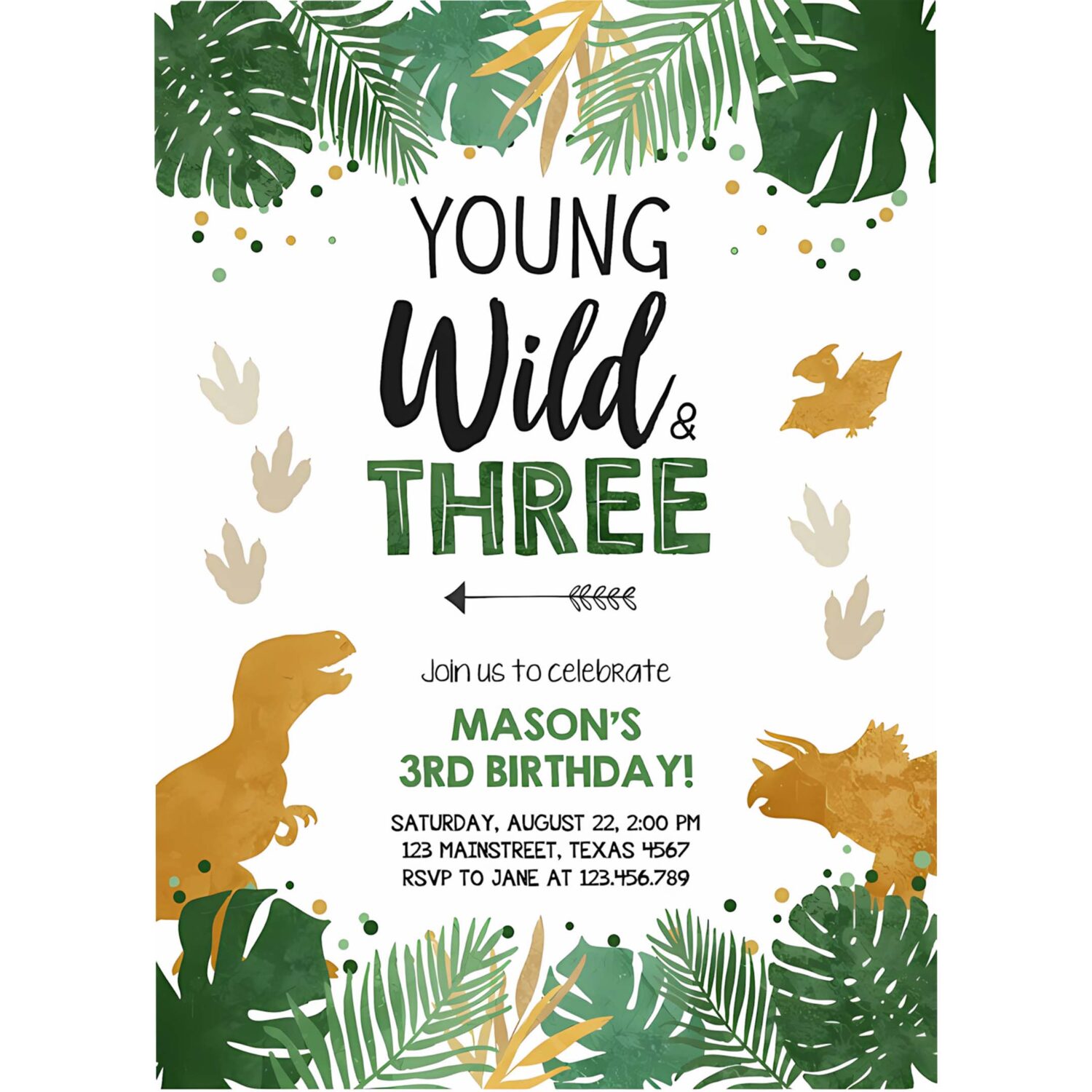 Editable young wild and three birthday invitation dinosaur dino party boy 3rd third birthday green gold black corjl template printable 0146 4