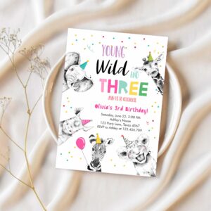 Editable young wild and three birthday invitation girl pink and gold safari animals instant download printable template digital corjl 0390 1