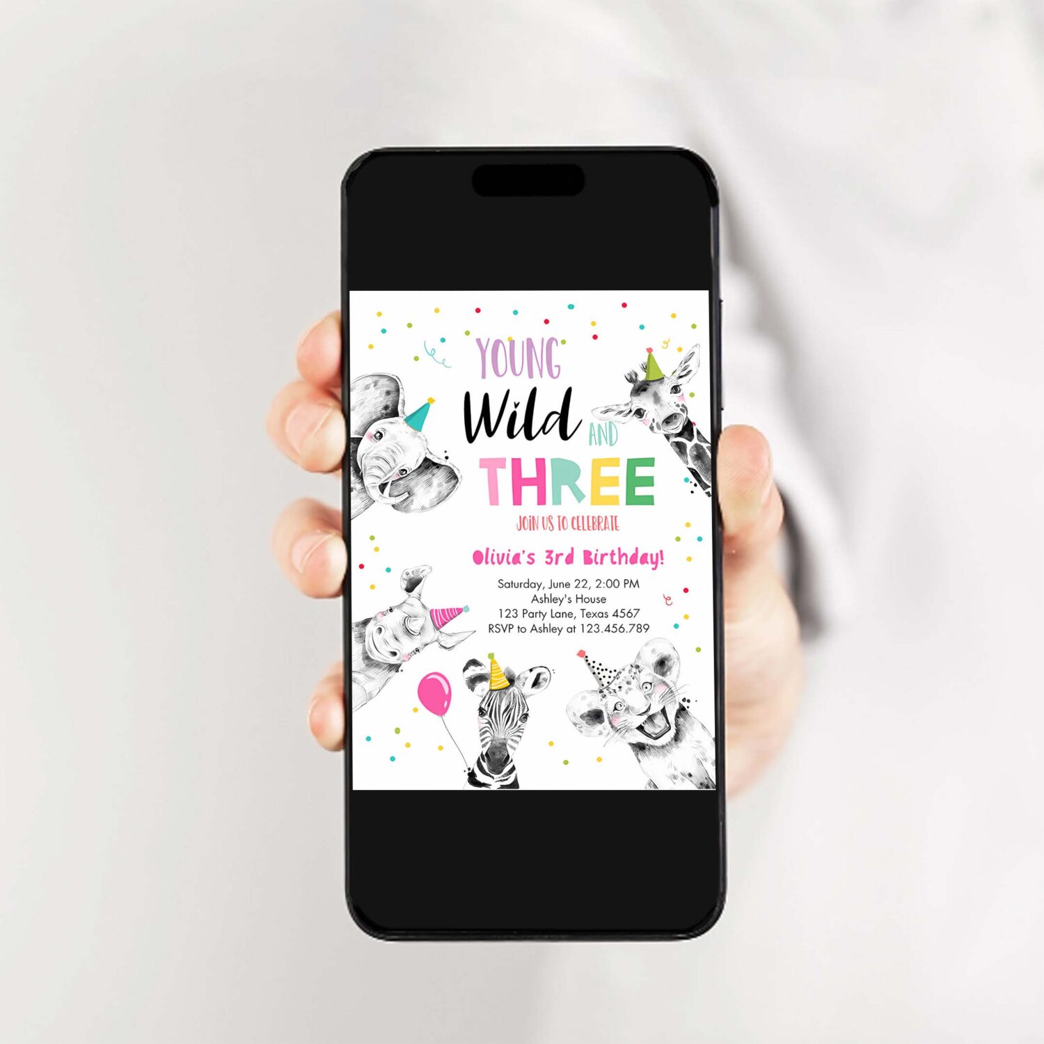 Editable young wild and three birthday invitation girl pink and gold safari animals instant download printable template digital corjl 0390 2