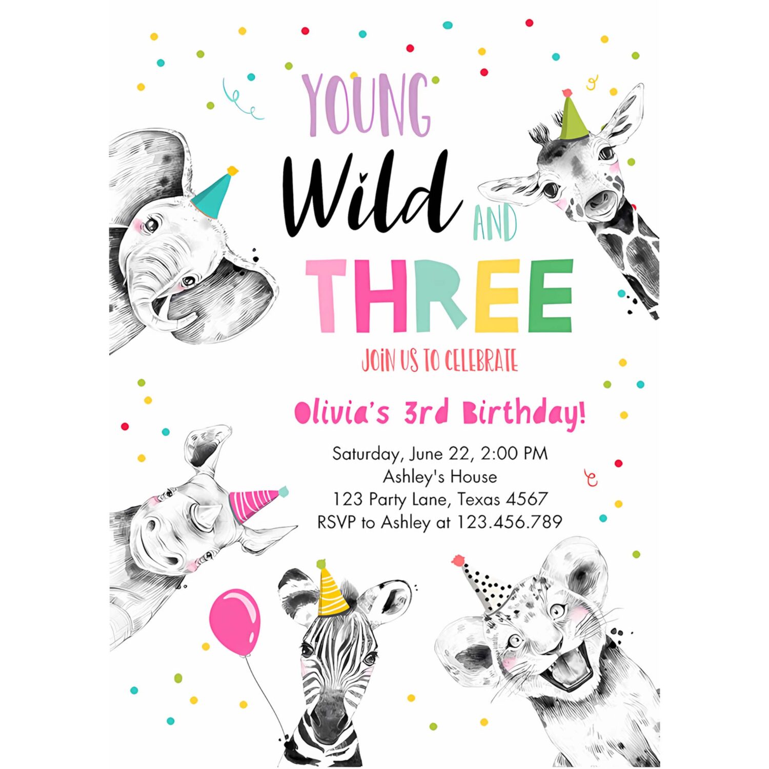 Editable young wild and three birthday invitation girl pink and gold safari animals instant download printable template digital corjl 0390 4